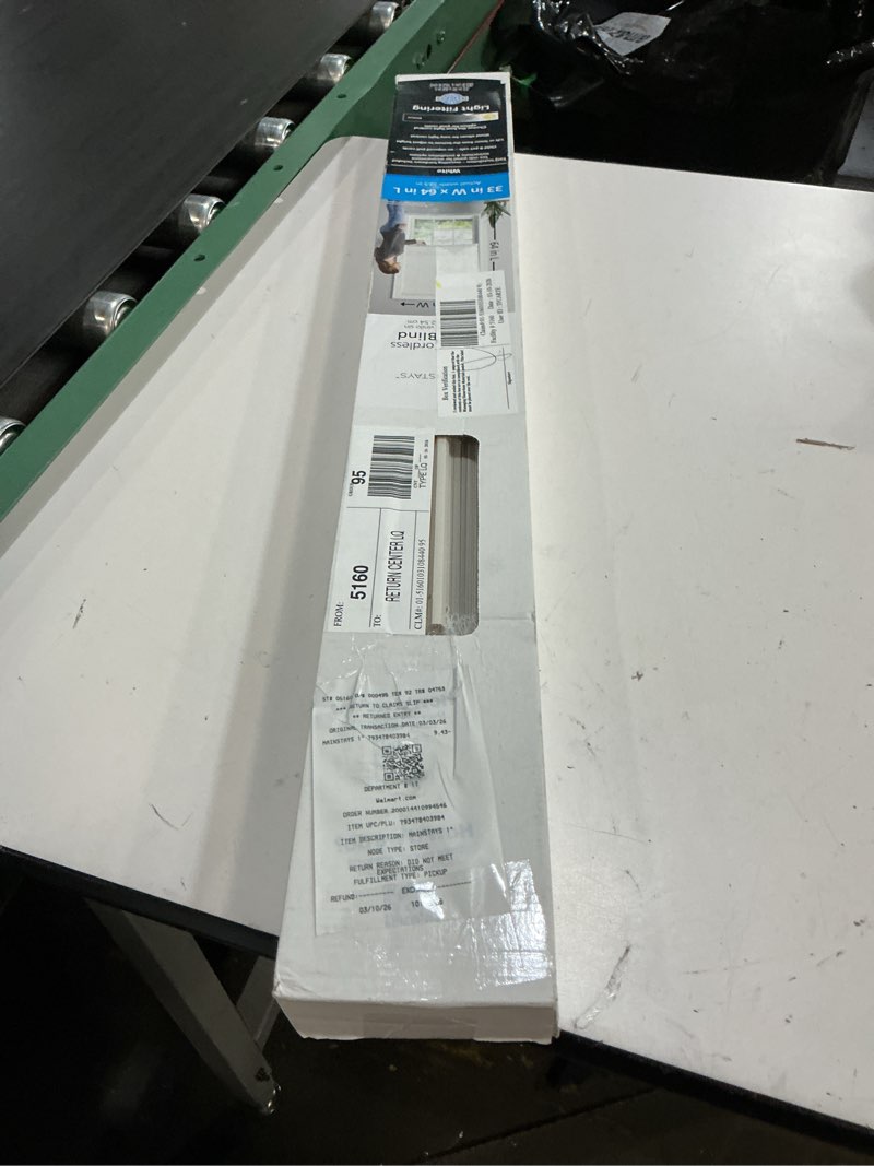 Condition photo showing As Is for mainstays cordless 1" vinyl light filtering blinds, white, 33" width x 64" length