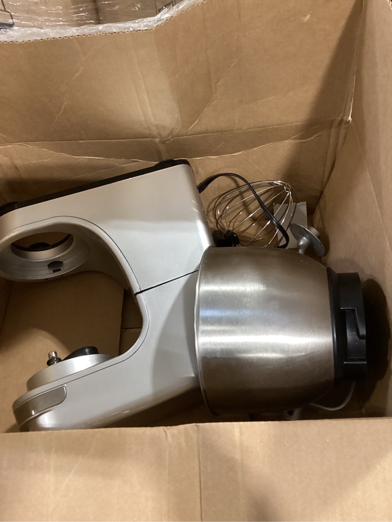 Condition photo showing Good Condition for hamilton beach electric stand mixer, 4 quarts, dough hook, flat beater attachments, splash guard 7 speeds with whisk, silver silver 7 speeds with whisk & splash guard