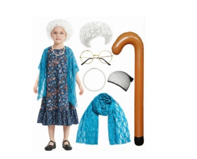 somsoc 13 pcs old lady costume for kids girls 100th day of school grandma costume granny dress with shawl wig for cosplay blue 8-10 years