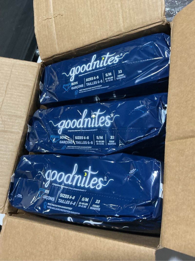 Condition photo showing New/Like New for goodnites boys' bedwetting underwear, size s/m (43-68 lbs), 99 ct (3 packs of 33), packaging may vary small/medium 99
