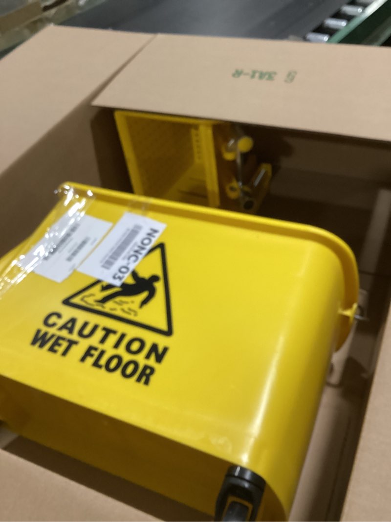 Condition photo showing Good Condition for mop bucket with wringer, 22 qt (5.5 gallon), floor cleaning, handle, wheels, 16.5" l x 10.6" w x 26.4" h, yellow,plus one cotton mop