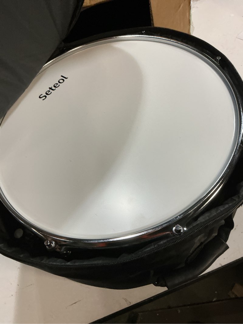 Condition photo showing Good Condition for snare drum kit, 14" x 5.5" marching snare drum + storage padded bag + silent mute pad + pair of 5a drumsticks + drums key, portable drums hardware set for adults kids student beginners (black) black no stand