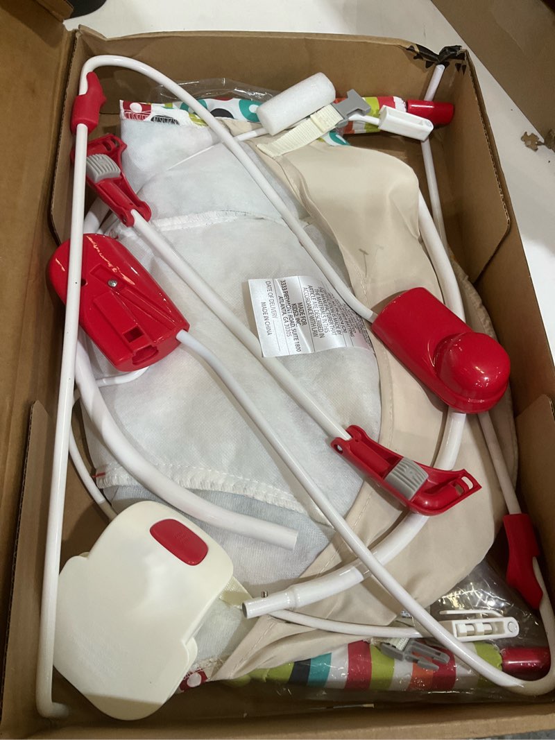 Condition photo showing As Is for bright starts portable baby bouncer soothing vibrations infant seat with removable-toy-bar, 0-6 months 6-20 lbs (playful pinwheels)