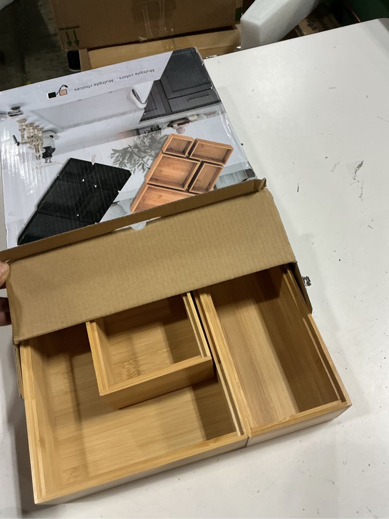 Condition photo showing Good Condition for bamboo bathroom drawer organizer dividers, wooden kitchen utensil holder set of 5, stackable junk drawer organizer tray, multi-use storage bins boxs for home, office, clothing, makeup, jewelry