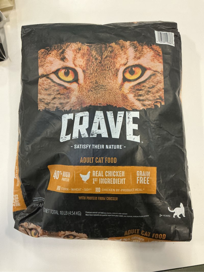 Condition photo showing New/Like New for (Best by date 2/25/2026) CRAVE Grain Free Adult High Protein Natural Dry Cat Food with Protein from Chicken, 10 lb. Bag Adult Chicken 10 Pound (Pack of 1)