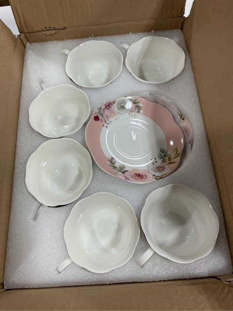 Condition photo showing New/Like New for floral porcelain tea cup set of 6 (12-piece), 6 cups & 6 saucers with rose pattern, 6oz scalloped edge coffee cups, dishwasher & microwave safe, elegant gift pink