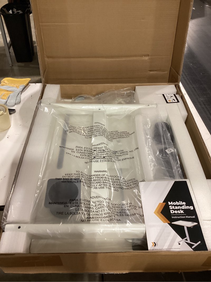 Condition photo showing As Is for Mobile Standing Desk, Rolling Laptop Cart Adjustable Height with Cup Holder, 28 inch Portable Table with 4 Lockable Wheels, White Computer Workstation with Hook and Slots for Home Office