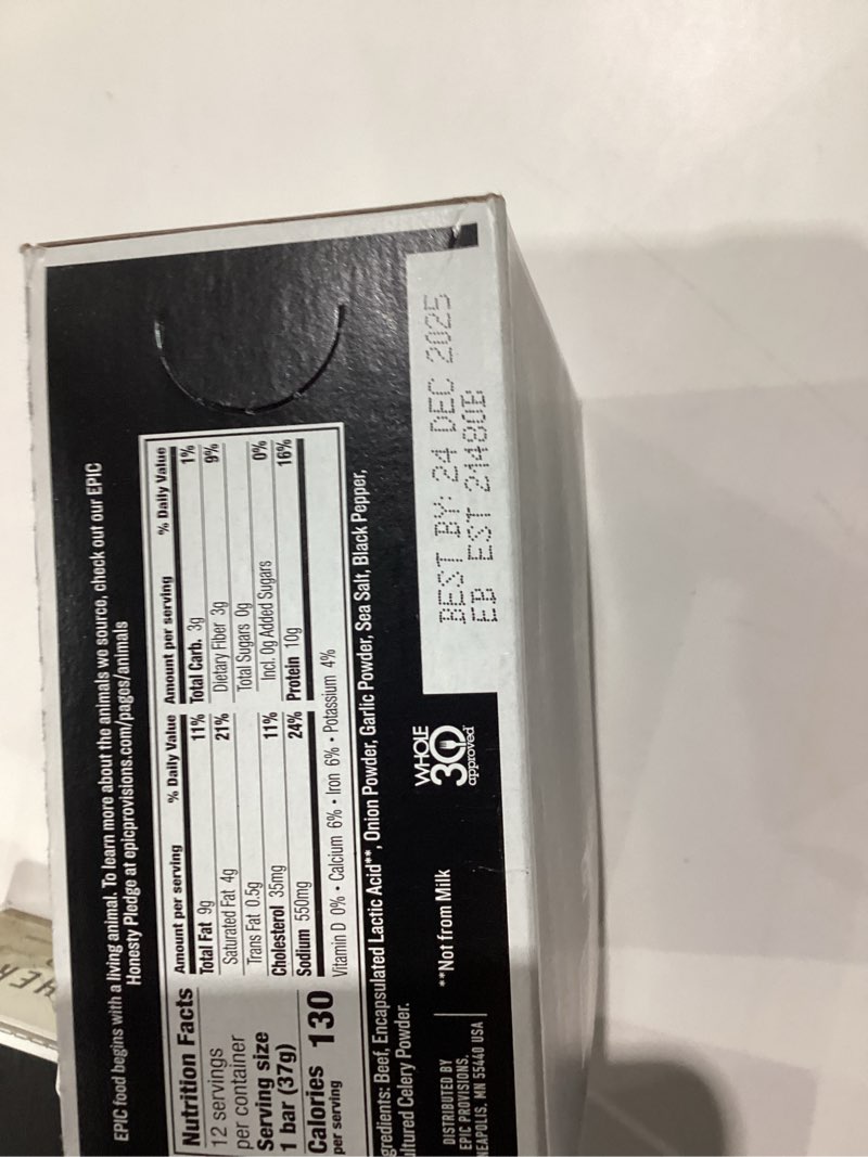 Condition photo showing New/Like New for EPIC Protein Bars, Beef Sea Salt Pepper, Keto and Paleo Friendly, 1.3 oz, 12 ct Beef Sea Salt & Pepper 12 Count (Pack of 1)