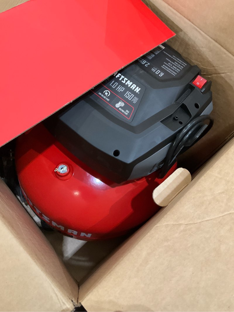 Condition photo showing As Is for craftsman 6-gallon portable electric 150 psi pancake air compressor