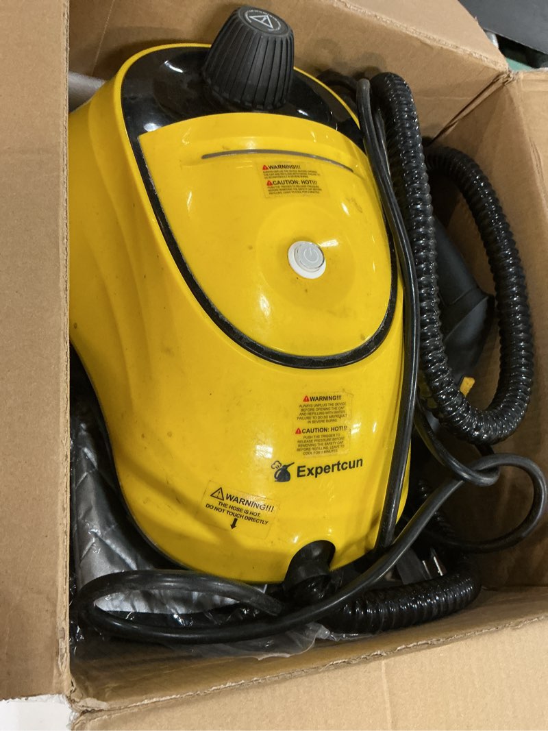 Condition photo showing As Is for heavy duty steam cleaner, 1500w high-temperature mop with 26 accessories, 1.4l portable tank, chemical-free cleaning for floors, tiles, cars & more, child lock for safety, easy operation yellow and black