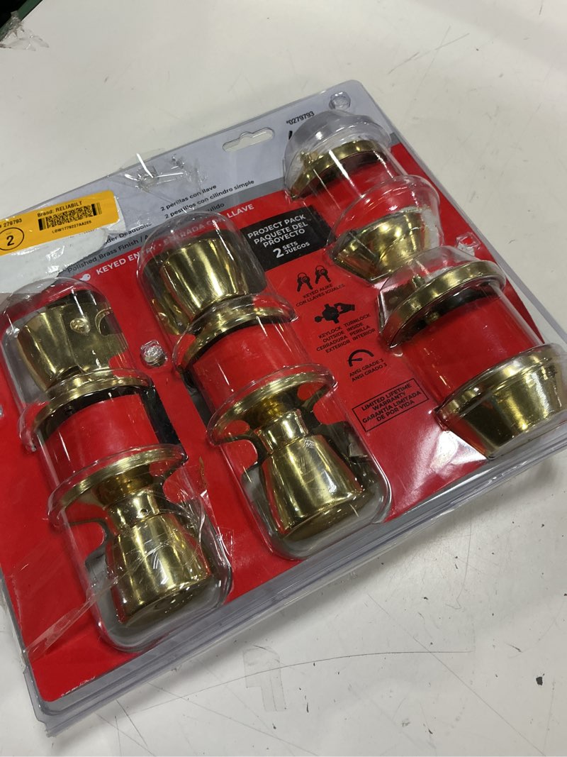 Condition photo showing As Is for reliabilt gallo polished brass exterior single-cylinder deadbolt keyed entry door knob project pack (2-pack)