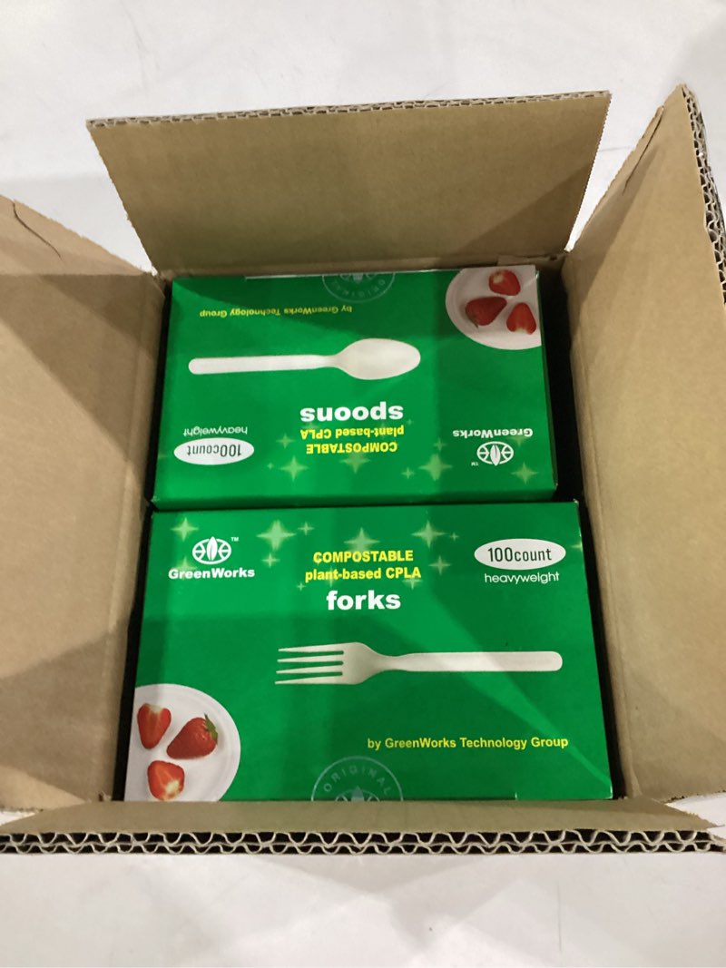 Condition photo showing New/Like New for greenworks 200 count heavy-duty compostable 100 forks and 100 spoons, bpi certified,large disposable cutlery,alternative to plastic utensils set white
