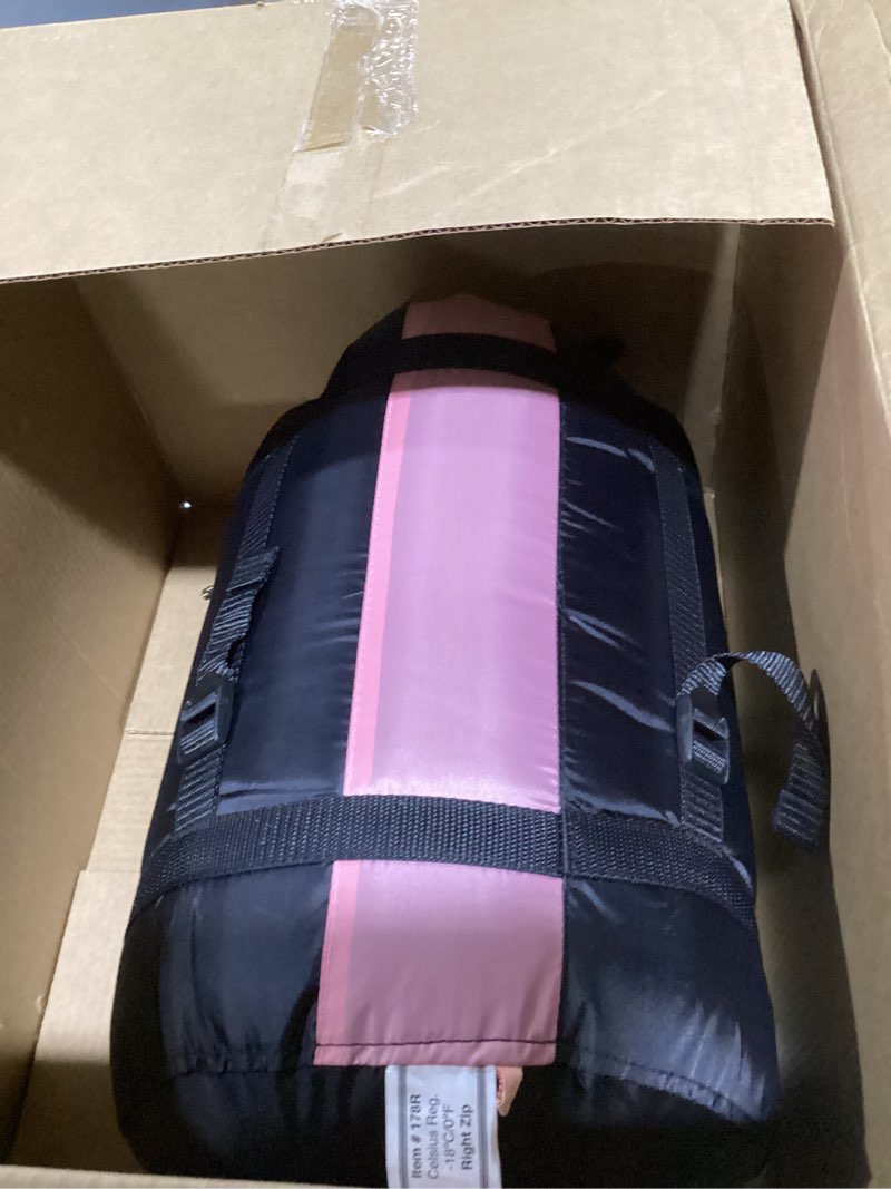 Condition photo showing As Is for teton celsius regular, 25f, 20f, 0f degree sleeping bags, all weather bag for adults and kids, camping made easy and warm, travel sack included brown & pink regular 0f