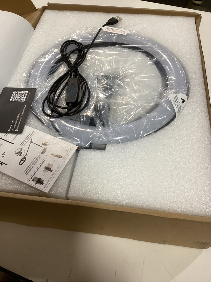 Condition photo showing New/Like New for Ring Light with Stand for Desk,Adjustable Overhead Phone Mount with 10" Ring Light Tripod for iPhone,Phone Tripod with Light and Remote Phones Holder for Video Recording,Live Stream,Cooking Video