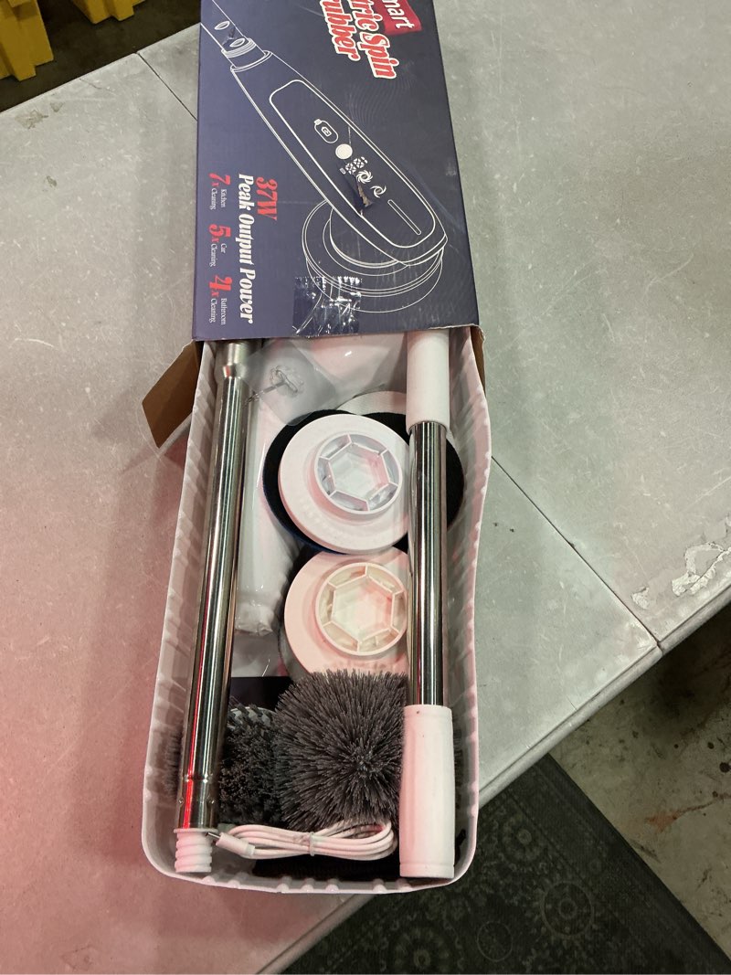 Condition photo showing As Is for electric spin scrubber, cleaning brush with 8 brush heads - dual speed ipx7 waterproof power scrubber for heavy-duty bathtub, glass, tile, and car cleaning brush (white)