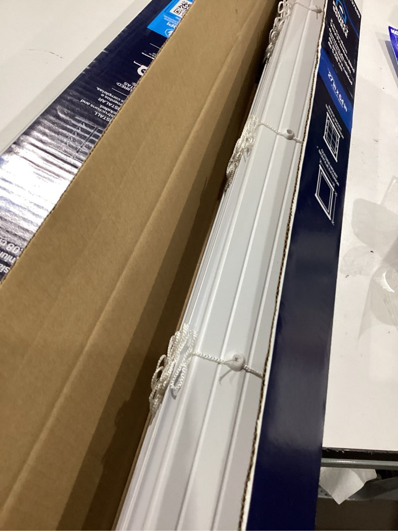Condition photo showing As Is for project source premium 2-in slat width 27-in x 64-in cordless white vinyl room darkening horizontal blinds