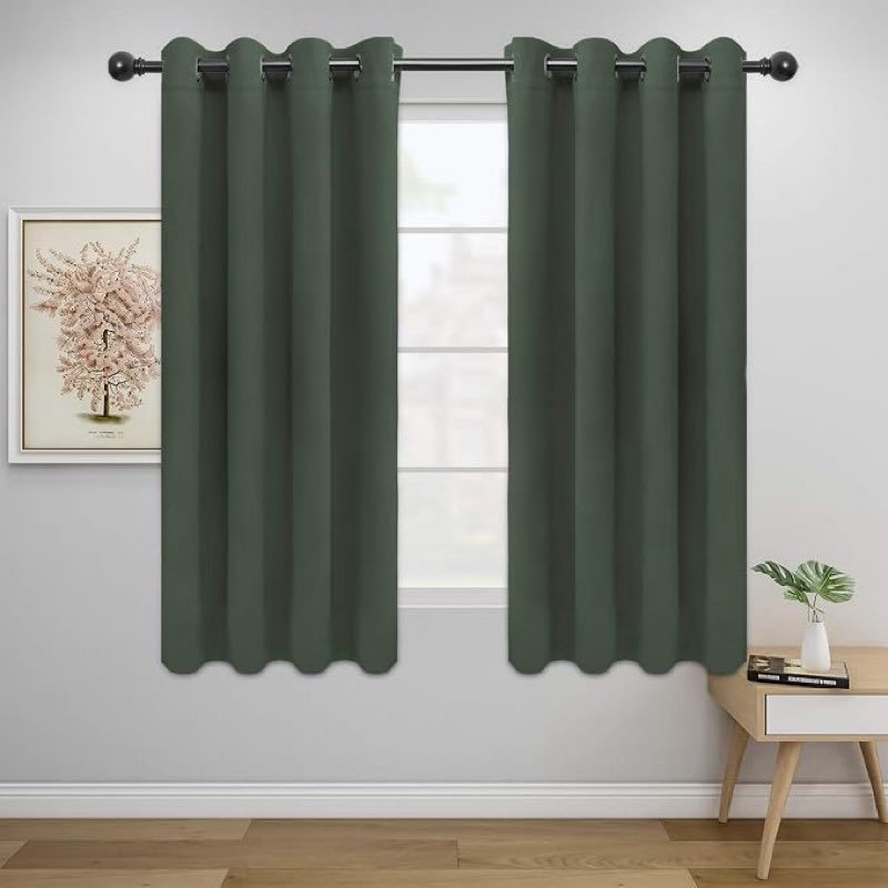 easy-going blackout curtains for bedroom, solid thermal insulated grommet and noise reduction window drapes, room darkening curtains for living room, 2 panels (48x48 in,greyish green) | greyish green, washable grommet top window drapes for bedroom and living room, noise reduction, room darkening
