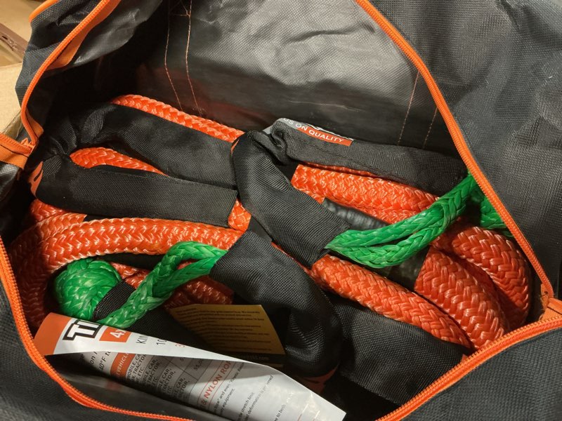 Condition photo showing Good Condition for Kinetic Recovery Rope (1" x 30ft 48500lbs), Kinetic Tow Rope Recovery Kit with 2 Soft Shackles, Heavy Duty Offroad Snatch Strap, 35% Elasticity Tow Ropes for Trucks SUV UTV ATV Tractor Orange 1"x 30FT+2 Soft Shackle