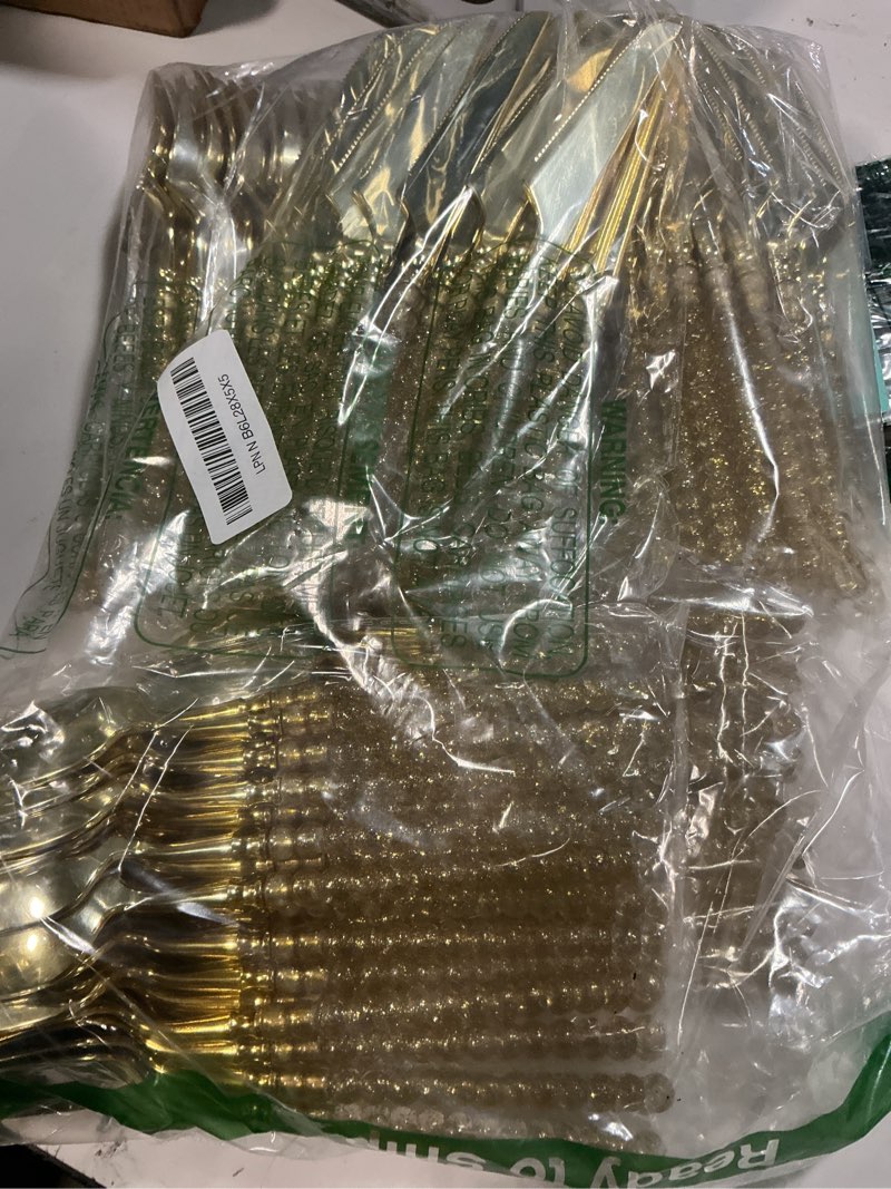 Condition photo showing Good Condition for 150pcs gold plastic silverware, heavy duty utensils, disposable plastic cutlery silverware include 50 forks, 50 knives, 50 spoons for party and wedding, shiny bead shiny bead 150pcs