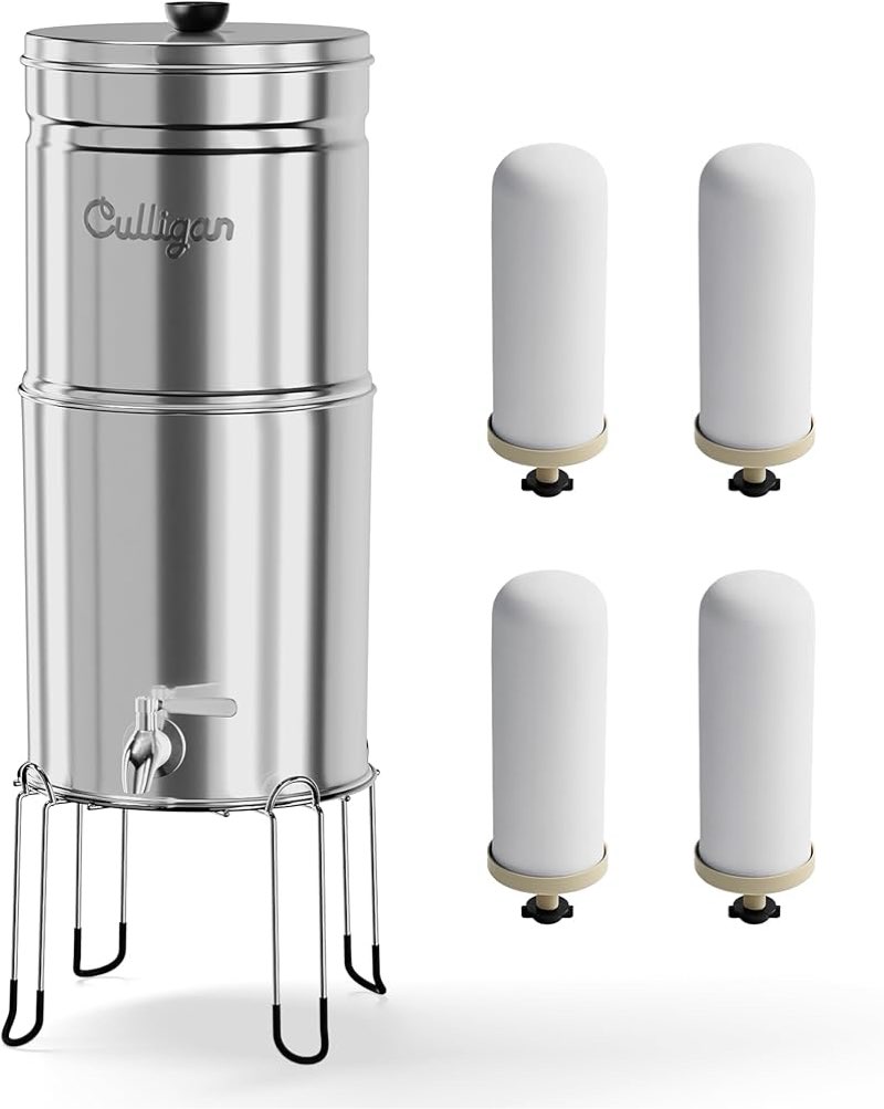 culligan maxclear 2.25 gallon gravity water filter system, polished stainless-steel countertop water