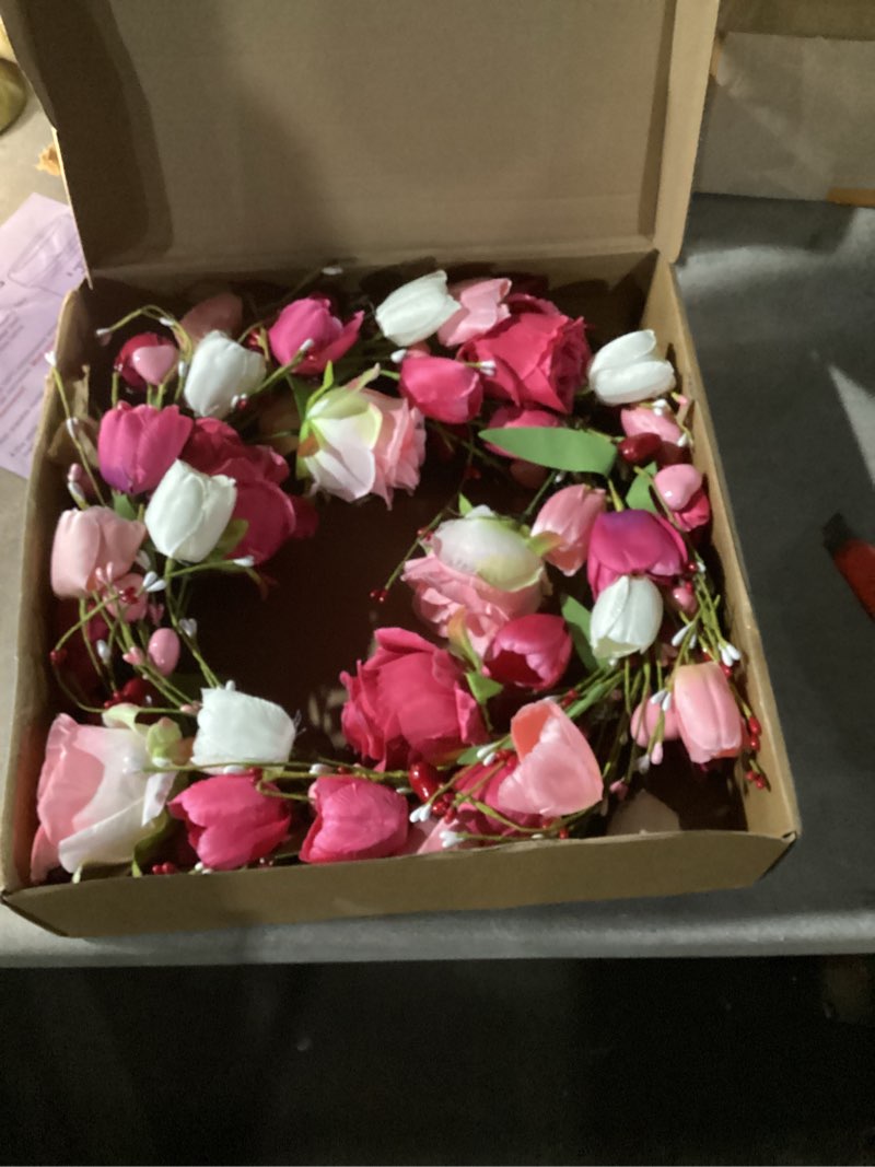 Condition photo showing Good Condition for Artifical Valentine's Day Wreath 20 Inches Valentines Wreaths for Front Door Valentines Door Wreath Valentines Floral Wreaths with Rose Tulips Flowers for Wall Window Porch Home Wedding Party