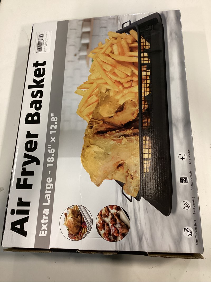 Condition photo showing New/Like New for Air Fryer Basket for Oven,Extra Large 18.8" x 12.8" Oven Air Fryer Basket and Tray Set with 30 PCS Parchment Papers, THORSES Thickened Stainless Steel Air Fryer Pan and Crisper Tray for Frying Baking 1 Set 18.8" x 12.8"-Silver