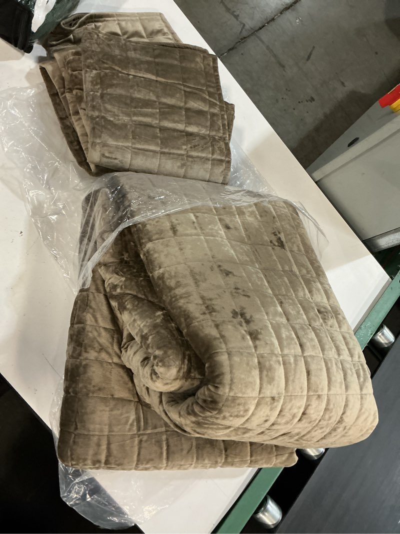 Condition photo showing New/Like New for recyco luxury velvet quilt king size bedding set, ultra soft velvet comforter set, lightweight quilted channel box stitch oversized bedspread coverlet for all season, with 2 shams, natural tan king/cal king (108" x 92") natural tan