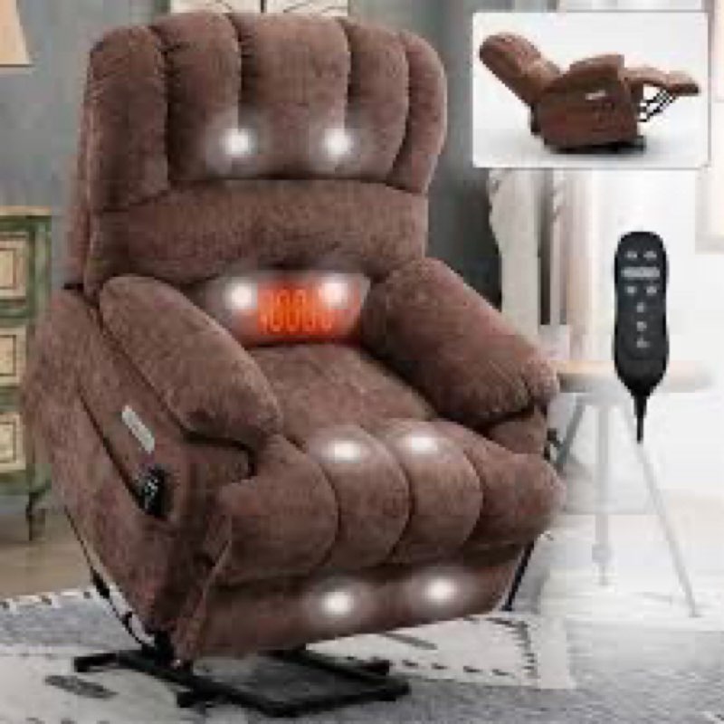 Power Lift Recliner With Heated Massage And Charging Port, Chenille Chair, Unlimited Positions