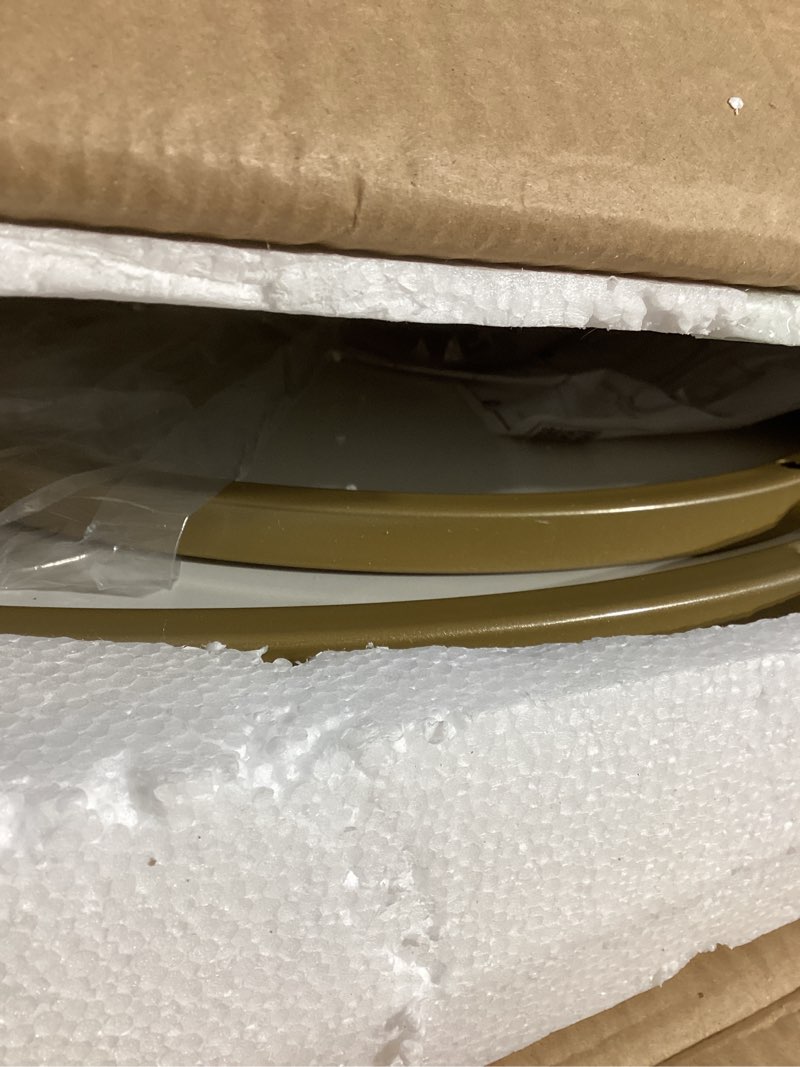 Condition photo showing As Is for aboxoo Coffee Table Nesting White Set of 2 Side Set Golden Frame Circular Round and Marble Pattern Wooden Tables, Living Room Bedroom Apartment Modern Industrial Simple Nightstand Gold White Engineered Wood