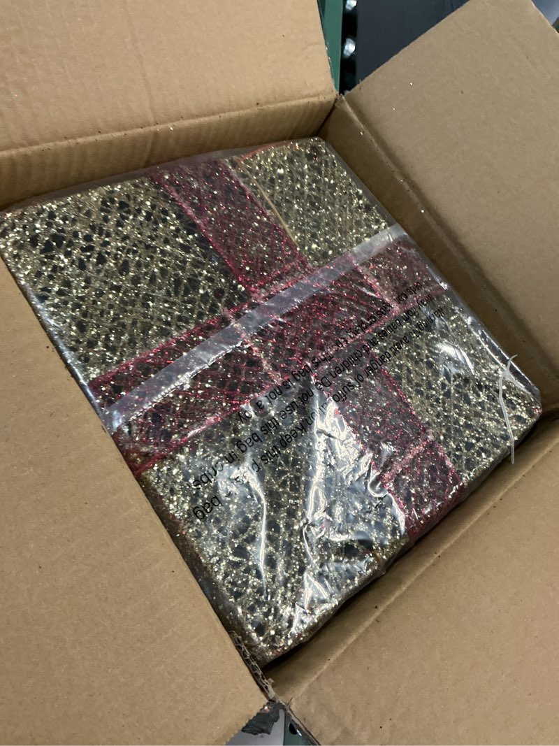 Condition photo showing Good Condition for VINGLI Christmas Lighted Gift Boxes Set of 3 with Plug, Weather Proof Nestable Present Boxes Ornament Home Decor Pre-lit 60 LED Lights Pre-Secured Bowknot for Indoor or Outdoor Christmas Decorations Golden