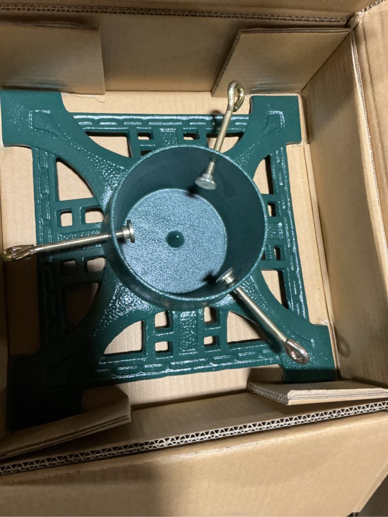 Condition photo showing Good Condition for Sungmor Vintage Cast Iron Christmas Tree Stand - Heavy Duty Square Base, Fits Trees Up to 8 ft, Max 4.3? Trunk - Holiday Tree Holder for Artificial or Real Trees, Easy Assembly & Secure Stability Vintage Green