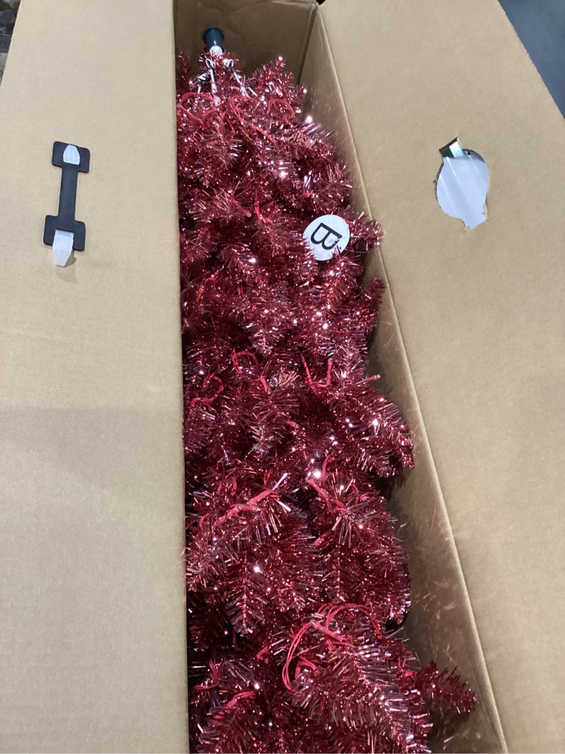 Condition photo showing New/Like New for 7.5FT Prelit Slim Artificial Pink Tinsel Christmas Tree with 250 Warm White LED Lights, Sparkling Skinny Pencil Metallic Tree for Bedrooms, Living Rooms Modern Holiday Décor Reddish Pink Tinsel With Warm White Lights 7.5FT