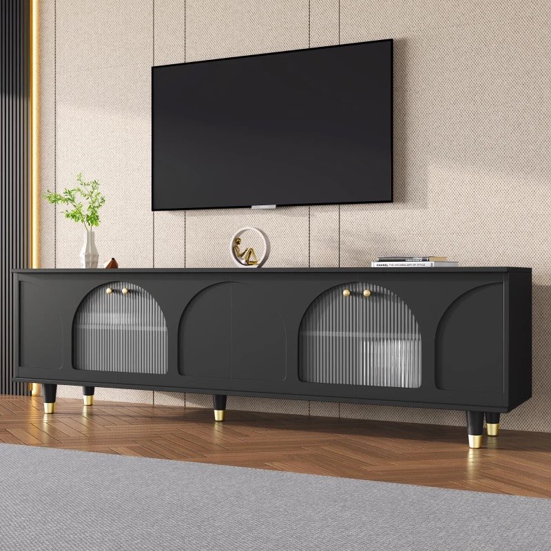 Stylish TV Stand with Adjustable Shelves for TVs Up to 78'', Contemporary Media Console with Gold Handles and Arch Fluted Glass Doors, Delicate Entertainment Center for Living Room,Black