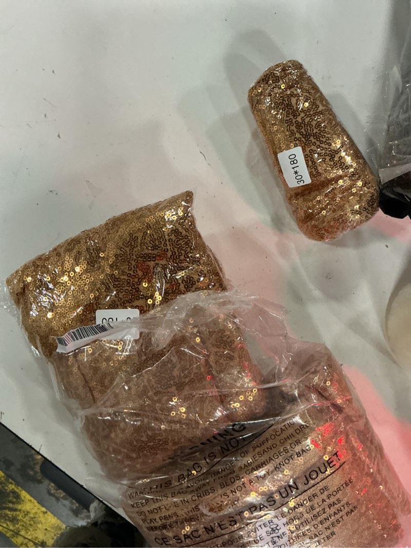 Condition photo showing New/Like New for 12 packs 12 x 72 inch sequin table runner glitter dining table runner for birthday wedding engagement bridal baby shower bachelorette holiday celebration party supplies decorations (champagne gold) champagne gold 12" x 72"