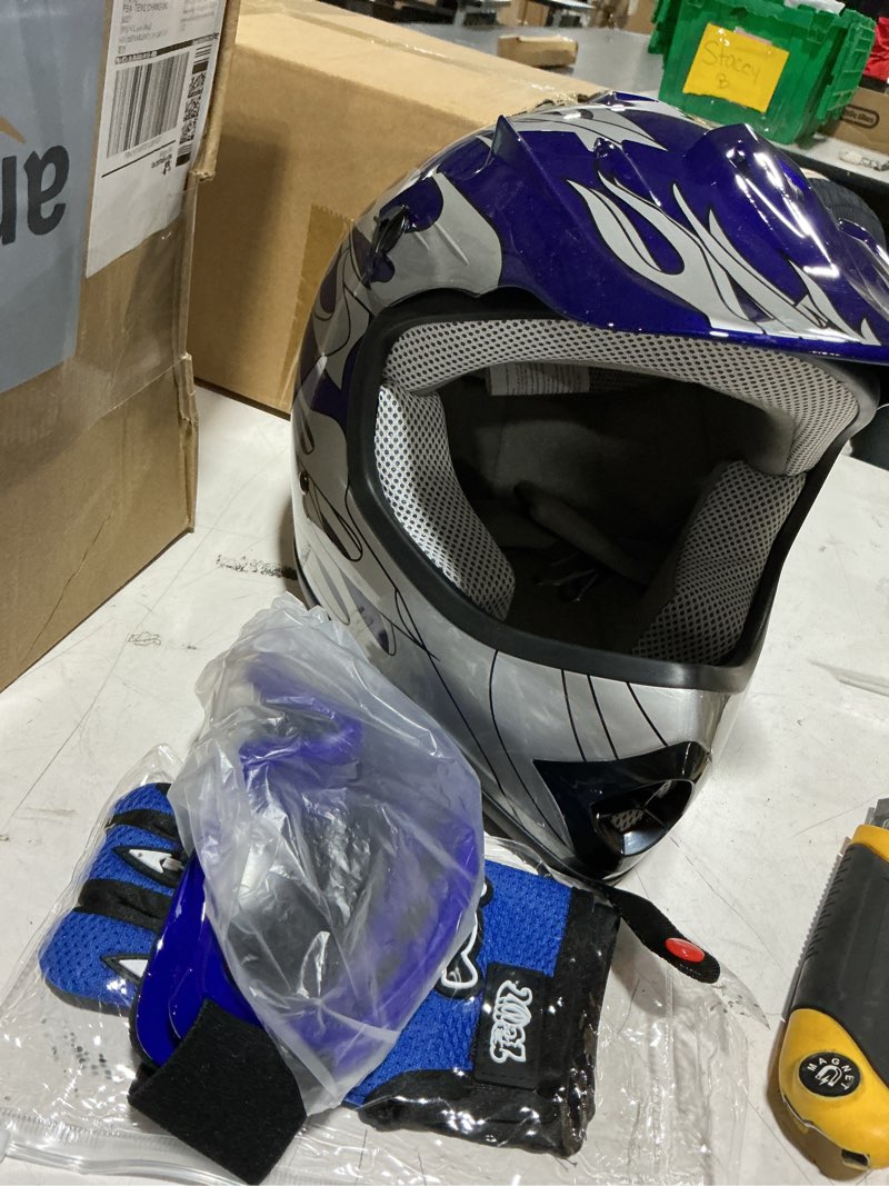 Condition photo showing Good Condition for xfmt kids dirt bike helmet youth motorcycle helmet dot-certified full face helmets for motocross atv off-road street bike with goggles & gloves, blue flame small