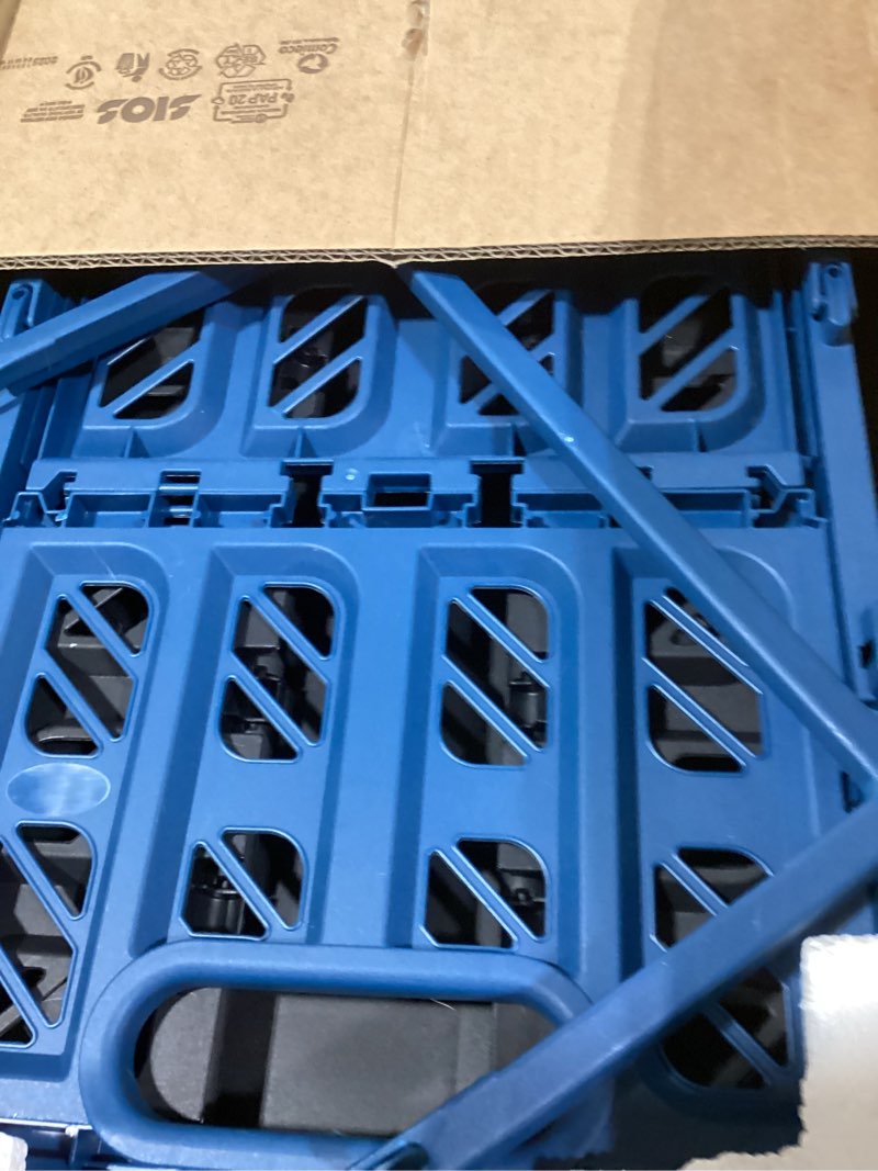Condition photo showing As Is for CleverMade Collapsible Shopping Basket, Ocean, 3PK - 24L (6 Gal) Reusable Plastic Grocery Shopping Baskets, Holds 25lbs Per Basket - Small Foldable Storage Crates with Handles Blue - Shopping Basket - Pack of 3