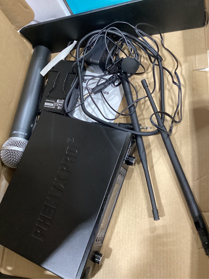 Condition photo showing New/Like New for phenyx pro wireless microphone system, dual channel 100 uhf metal receiver, 328ft range auto scan, cordless handheld & bodypack & lapel mic combo for karaoke church speech ptu-71-1h1b