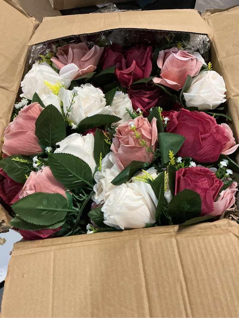 Condition photo showing Good Condition for NUPTIO Artificial Flower Centrepieces for Tables - 10 Pcs Burgundy & Dusty Rose & Creamy White Fake Flowers Roses Balls 9.5in Diam - Silk Faux Rose Arrangement for Wedding Party Table Decor