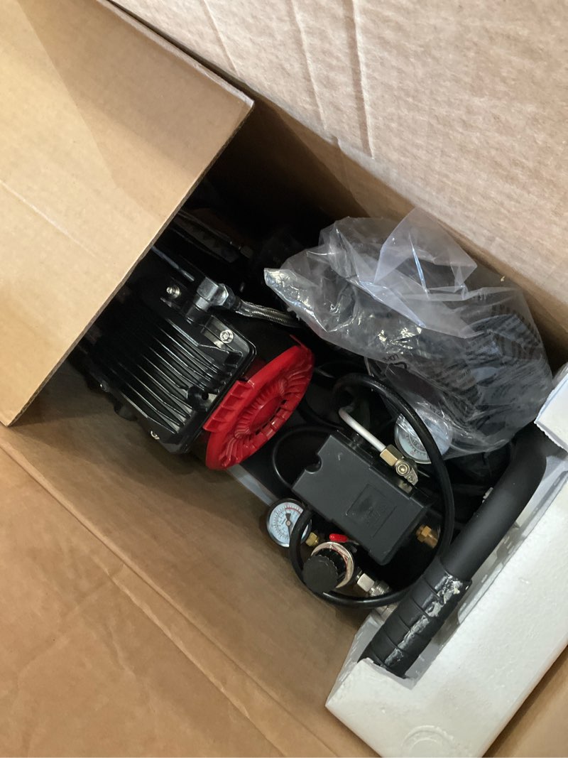 Condition photo showing As Is for 8 gallon ultra quiet air compressor, 2hp 4.2cfm, max 120 psi oil-free air compressor tank, 120v/11a, 68db for car repair, spray painting, woodwork nailing?with accessories kit? 8gallon