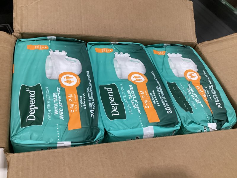 Condition photo showing Good Condition for Depend Adult Diapers with Tabs, Incontinence Protection with Tabs, Unisex, Small/Medium (19–34" Waist, Up To 170 lbs), Maximum Absorbency, 60 Count (3 Packs of 20) Small/Medium 60