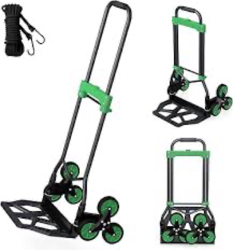 heavy-duty 330lb capacity hand truck with stair-climbing wheels & one-touch retractable handle - q235 steel collapsible dolly cart, 4.2-inch triple wheels, elastic strap & sponge grip (green