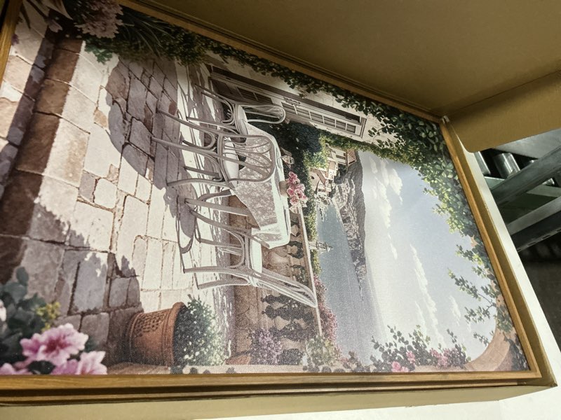 Condition photo showing Good Condition for Modern French Flower Street Framed Canvas Wall Art Set,Romantic Green Landscape Wall Decor,Vintage Mediterranean Bookstore Neutral Coast Cityscape Artwork for Living Room, Bedroom-16 x24 x3 Vintage City Landscape Wall Art 16"L x 24"W