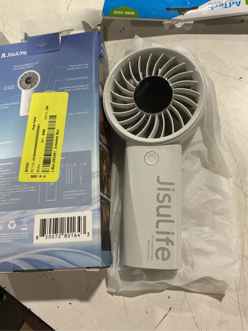 Condition photo showing As Is for jisulife handheld fan with led display and 3600mah battery, gray, life4