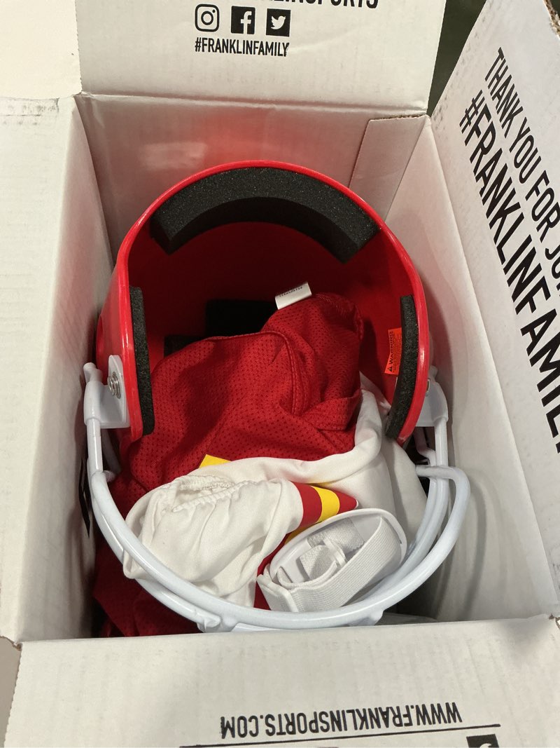 Condition photo showing Good Condition for Franklin Sports NFL Youth Football Uniform Set for Boys & Girls - Includes Helmet, Jersey & Pants with Chinstrap + Numbers Kansas City Chiefs Medium