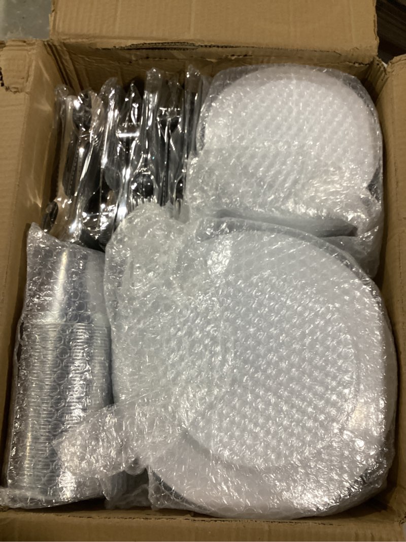 Condition photo showing Good Condition for FOCUSLINE 600 Ct Silver Dinnerware Set for 100 Guests - Silver Rimmed Disposable Plastic Plates, Includes 100 Dinner & Salad Plates, Cups, Cutlery Set for Wedding Parties