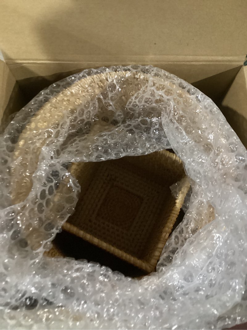 Condition photo showing Good Condition for Log Color 2 Pcs Rattan Trash Can & Square Tissue Box Cover, Rattan Hand Woven Basket Set Wicker Bathroom Accessories for Bedroom Kitchen Office Organizer