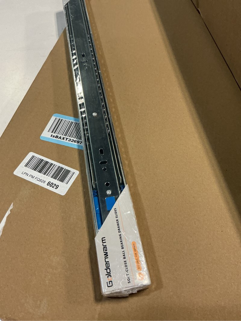 Condition photo showing New/Like New for goldenwarm soft close heavy duty drawer slides 24 inch, 1 pair 100lb load capacity ball bearing drawer glides, 3-section full extension side mount rails for kitchen, office, workshop cabinet 24 inch 1