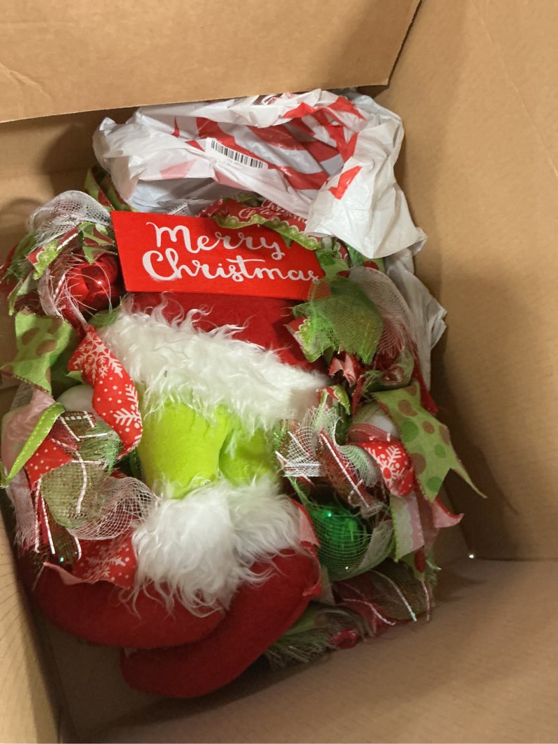 Condition photo showing As Is for Christmas Wreaths for Front Door,Thief Christmas Plush Wreath,Christmas Thief Stole silk ribbon Plush Legs for Christmas Decorations, Stuffed Legs Toy for Christmas Indoor Front Door -20inch