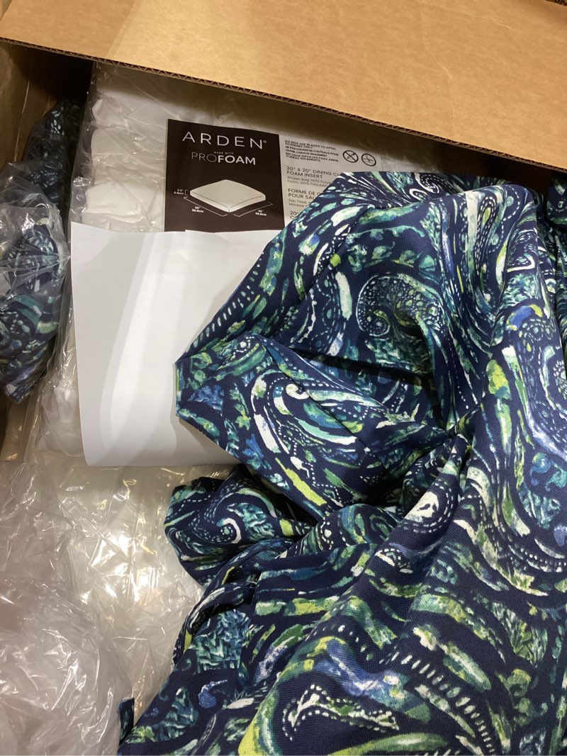 Condition photo showing Good Condition for arden foam outdoor dining chair cushion, 20 x 20, made with profoam, rain-proof, fade resistant, sapphire blue ridge paisley 20 x 20 foam chair cushion sapphire blue ridge paisley