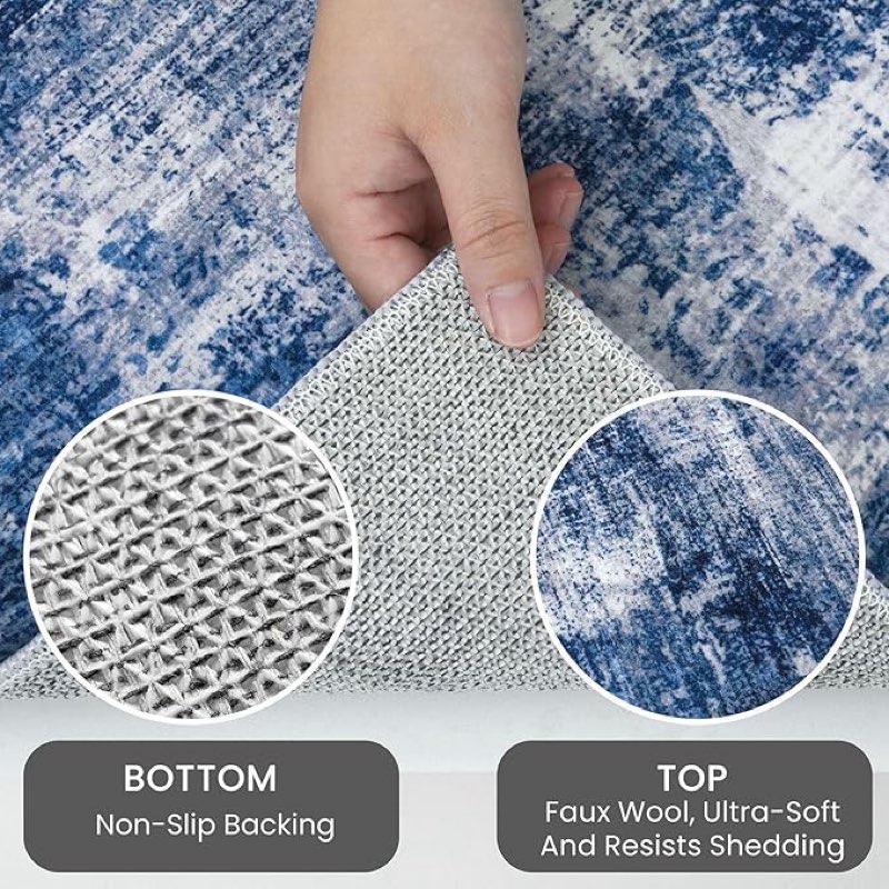 IOHOUZE Abstract Runner Rug 2x5 Ft Washable Runners for Hallways, Non Slip Kitchen Runner Printed Faux Wool Entryway Runner Indoor, Modern Abstract Floor Carpet for Hall Kitchen Bedroom, Navy/Grey